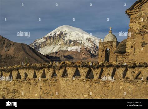 Nevado Sajama, highest peak in Bolivia behind an old church in Sajama ...