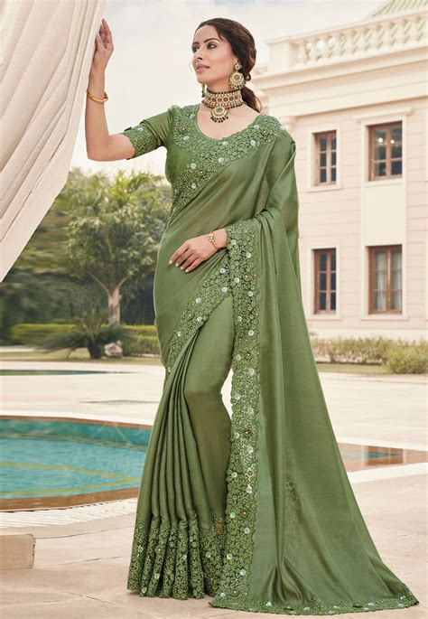 Olive Green Silk Festival Wear Saree 6604