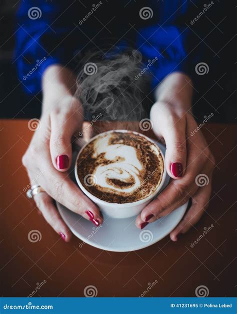 Female Hands Holding White Cup With Hot Coffee Stock Image Image Of