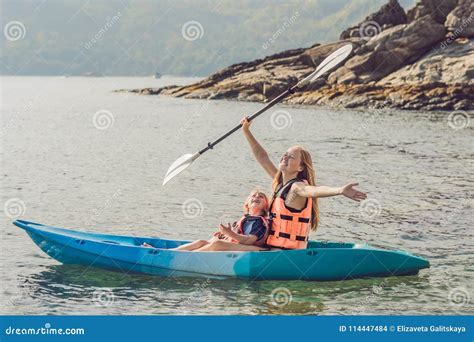 Mother And Son Kayaking At Tropical Ocean Stock Photo Image Of