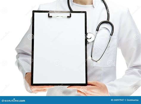 Doctor S Hands Holding Clipboard With Paper Stock Image Image