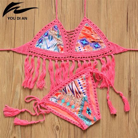 Crochet Bikini Swimwear Women 2017 Sexy Brazilian Halter Tassel Bikini