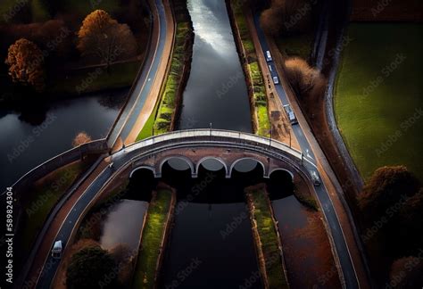 An aerial view of the aqueduct carrying the Llangollen Canal across ...