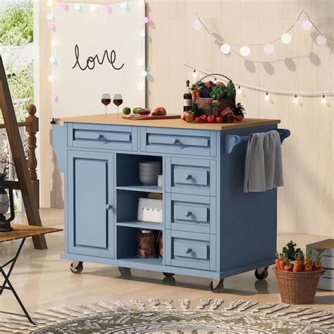 OLUMAT Gray Blue Rubber Wood 53 In Kitchen Island With Storage Cabinet