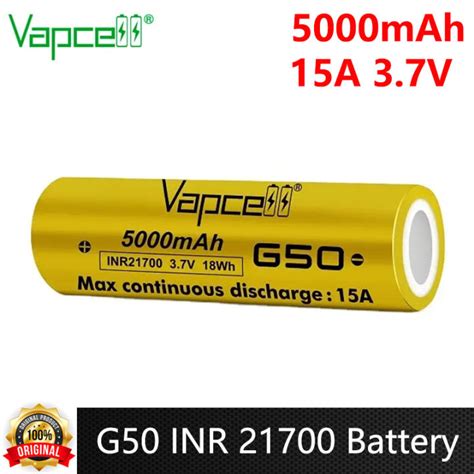 Original Vapcell G50 INR 21700 Battery 5000mAh High Capacity 15A 3 7V