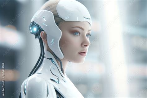 Illustration Of A Beautiful Female Android Head Robotic And Artificial Intelligence Concept