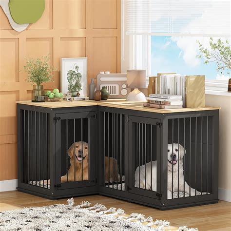 Moolive Large Corner Dog Crate Furniture Wooden L Shaped