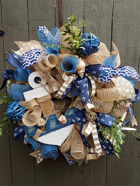 Anchor Deco Mesh Wreath In Navy Blue And Burlap Beach Wreath Etsy