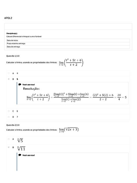 Apol 2 Cálculo Diferencial E Integral A Uma Variável Pdf