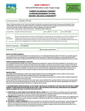 Fillable Online Vancouver Waiver Release Indemnity Vancouver Fax