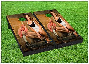 VINYL WRAPS Cornhole Boards DECALS Sexy Woman Contractor Toss Game