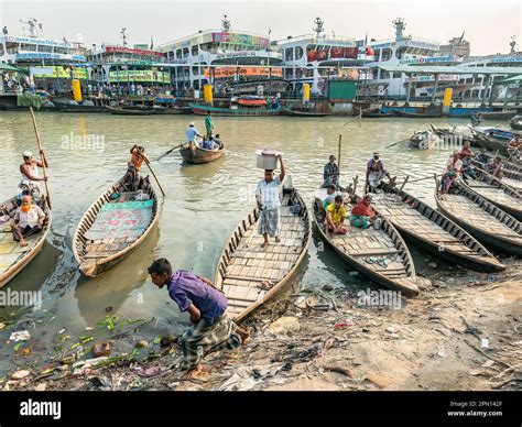 Ferries Of Different Sizes At Wise Ghat Boat Station On Buriganga River