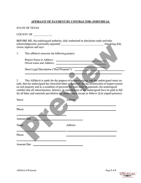 Texas Affidavit Of Payment By Contractor Mechanics Liens Texas