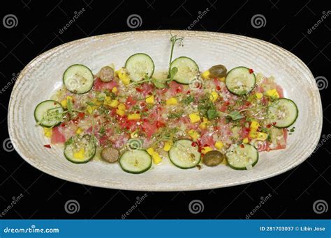 Marinated Yellowfin Tuna Crudo Similar To Ceviche And Tartare With