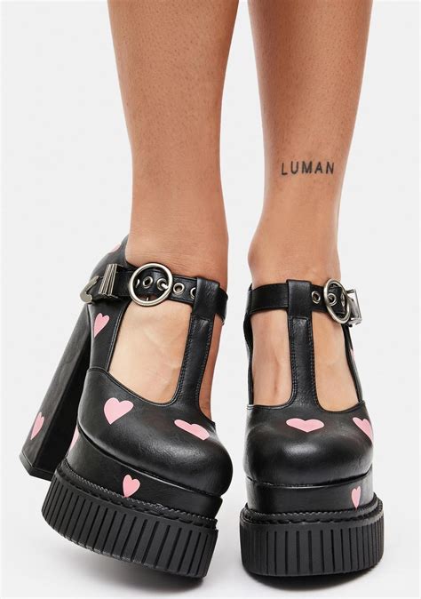 Lamoda Vegan Leather Heart Print Platform Heels Black Dolls Kill