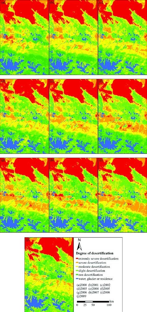 Maps of the derived desertification degrees for (a) 2000, (b) 2001, (c ...