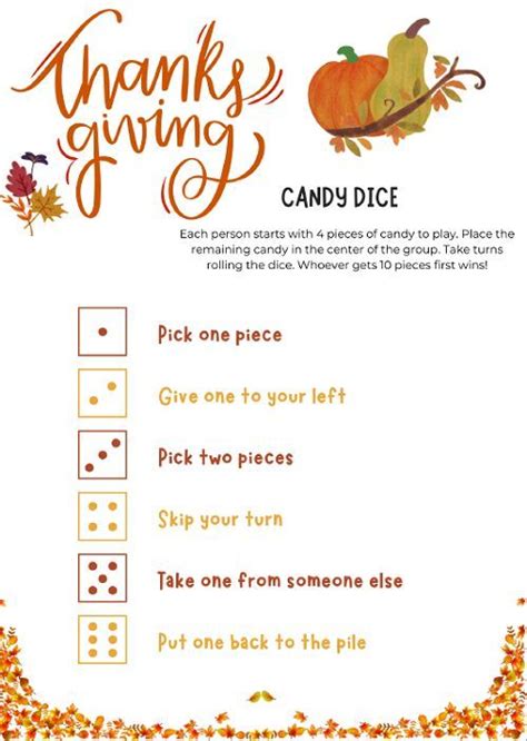 Thanksgiving Candy Dice Game Printable Thanksgiving Games Etsy