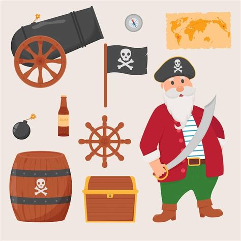 Premium Vector Bundle Pirate Set Bundle Pirate Treasure Map Rum Ship Wheel Anchor Barrel Bomb