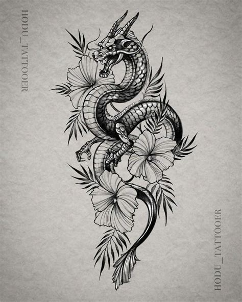 Dragon With Flowers Dragon Tattoo Sketch Dragon Tattoo Dragon