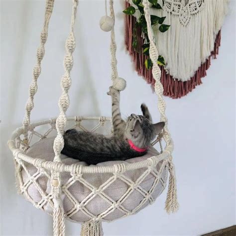 Macrame Cat Hammock Woven Boho Cat Swing Macrame Hanging Cat Bed With Pillow Hanging Cat