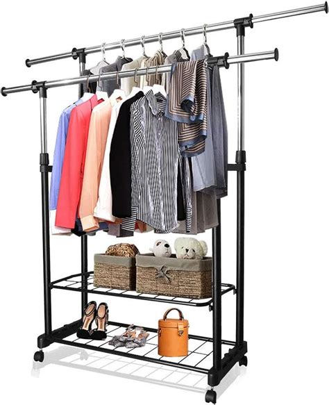 PowCube Heavy Duty Clothes Rail With Wheels Adjustable Double Garment