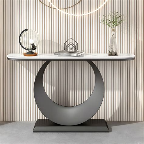 Glam Stone Console Accent Table Half Moon Console Sofa Table For Hall Gold Brown 39l X 12w X