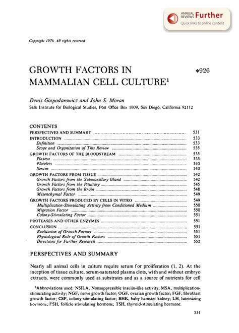 Growth Factors In Mammalian Cell Culture Annual Reviews