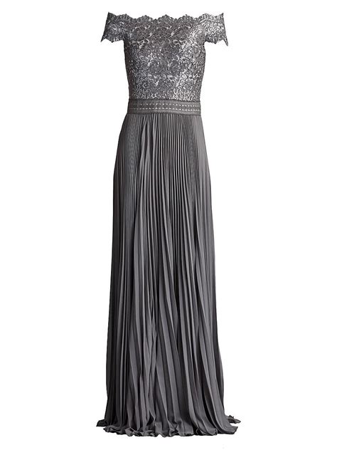 Tadashi Shoji Sequin Corded Lace Pleated Chiffon Gown Mist Editorialist