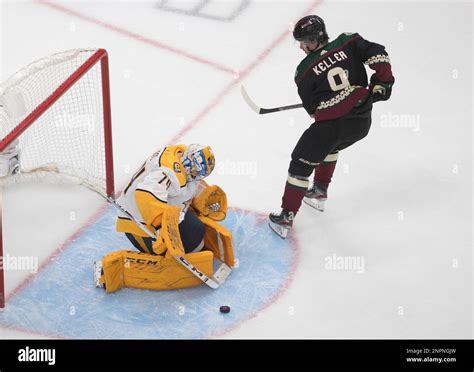 Nashville Predators Goalie Juuse Saros 74 Makes The Save On Arizona