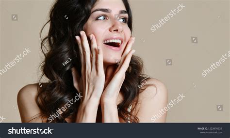 Portrait Happy Excited Woman Dress Open Stock Photo 1223970931