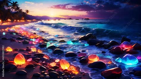 Sunset beach wallpaper 8k Night Background sea and glowing stones Stock ...