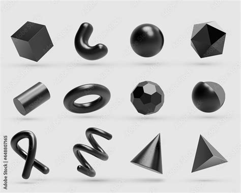 Realistic 3D black metal Geometric Shapes Objects. Realistic geometry elements isolated on white ...