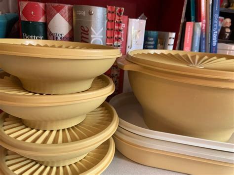 Vintage Tupperware Harvest Gold Servalier Salad Bowl Set And Hot Cold