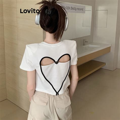 Lovito Women Casual Plain Heart Cut Out T Shirt LNA27424 White Black