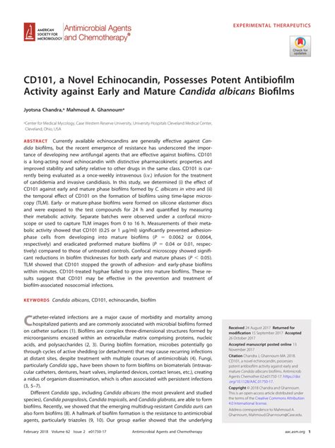 Pdf Cd101 A Novel Echinocandin Possesses Potent Anti Biofilm