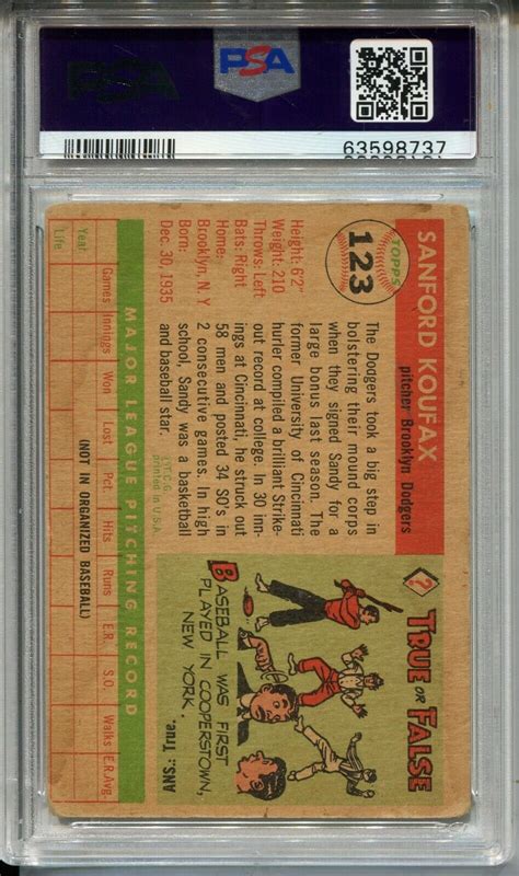 Topps Baseball Sandy Koufax Rookie Card Rc Psa Centered