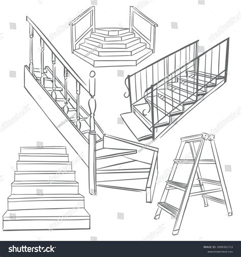 Set Stairs Sketch Drawing Spiral Staircase Stock Vector (Royalty Free ...