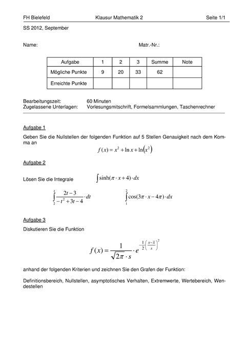 M Ss Alte Klausuren Fh Bielefeld Klausur Mathematik Seite