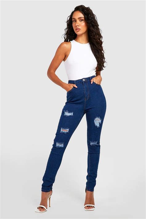 Women S Basics High Waisted Extreme Ripped Skinny Jeans Boohoo Uk