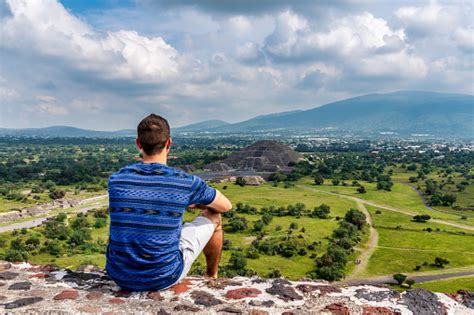 Tourism In Mexico Young Adult Tourist Visits Ancient Pyramids Stock