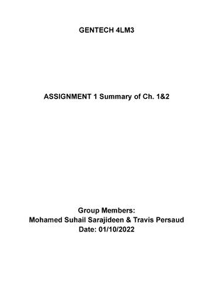 Gentech 4LM3 Assignment 2 GENTECH 4LM ASSIGNMENT 2 Summary Of Ch 3