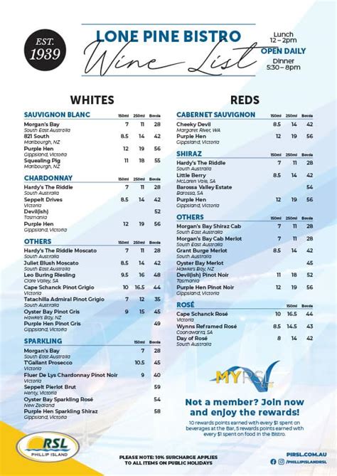 Wine Menu Phillip Island Rsl