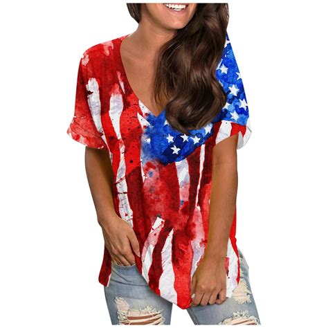 Tqwqt American Flag Shirts Women 4th Of July T Shirt Loose Patriotic T Shirts V Neck Tee Tops