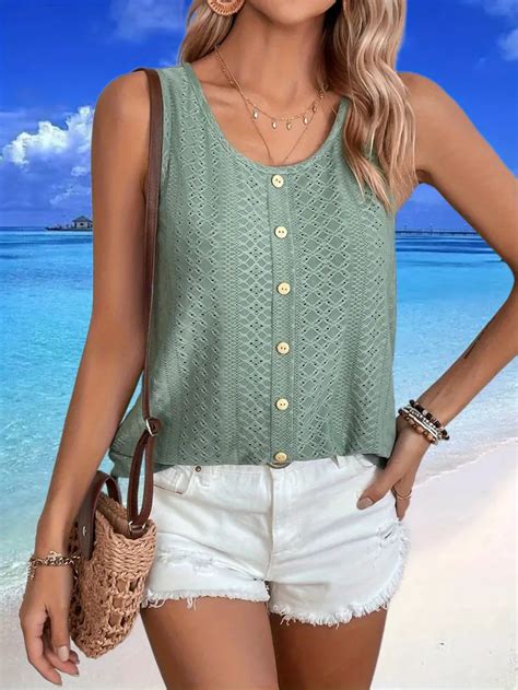 Solid Eyelet Tank Top Casual Crew Neck Summer Sleeveless Temu Australia