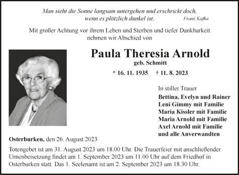 Traueranzeigen Von Paula Theresia Arnold Trauerportal Ihrer Tageszeitung