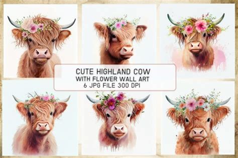 Cute Highland Cow with Flower Wall Art Graphic by MICON DESIGNS · Creative Fabrica