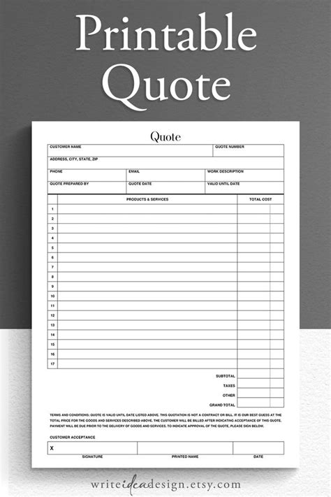 Printable Quote Template Quote Form Job Proposal Template