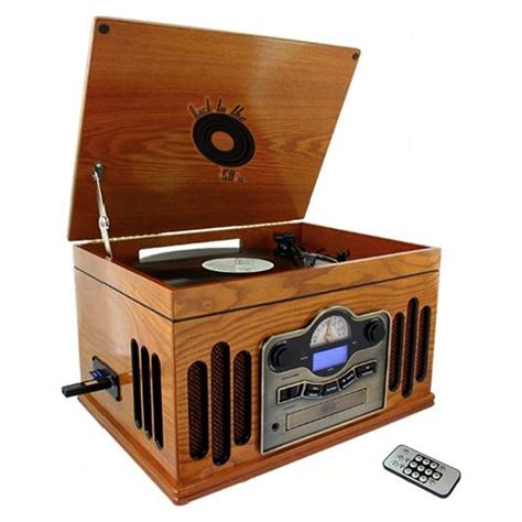 Back To The 50s 97084166m Antique Wooden 3 Speed Turntable With Cd Player