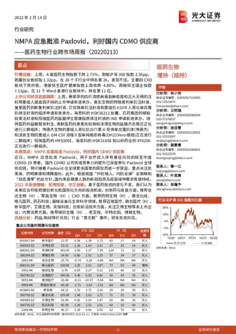 医药生物行业跨市场周报（20220213）：nmpa应急批准paxlovid，利好国内cdmo供应商