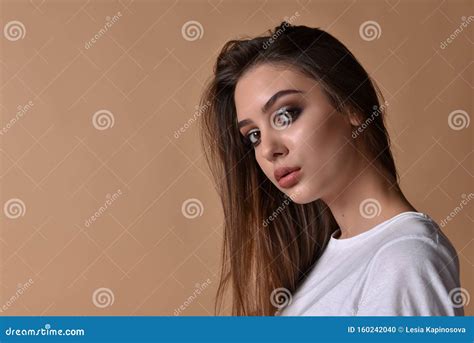 Brunette Woman Posing Girl With Professional Make Up Stock Photo Image Of Lady Adult 160242040